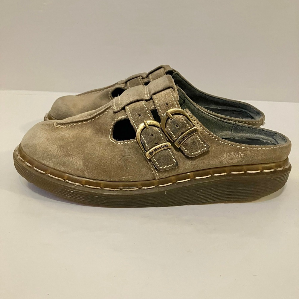 Dr Martens Double Buckle Tan Suede Slip On Mules Clogs 3A23 Chunky Y2K Shoe Sz 6